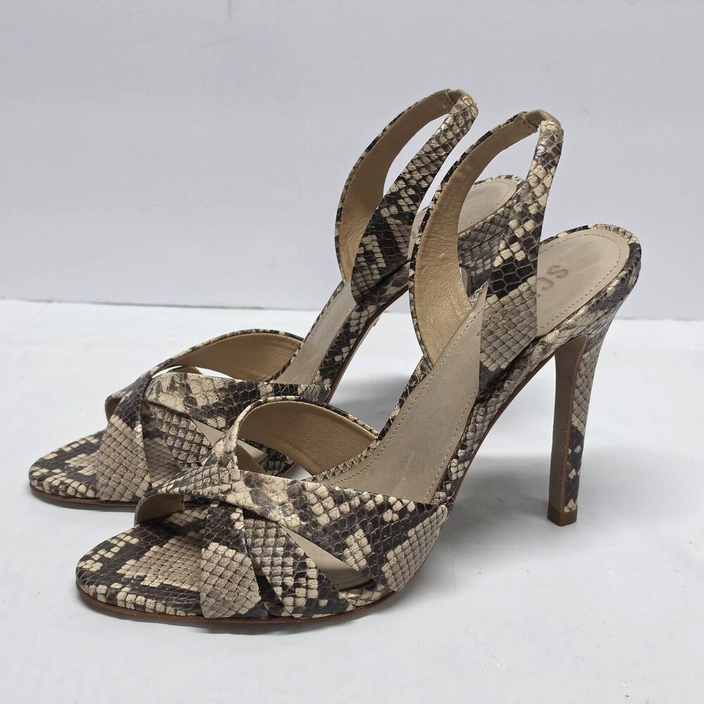 SCHUTZ Snake Print Strappy High Heel Sandals in Beige and Brown